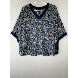 Lane Bryant Top Size 14 16 Blue Floral Split Hem 3/4 Kimono Sleeves Semi Sheer